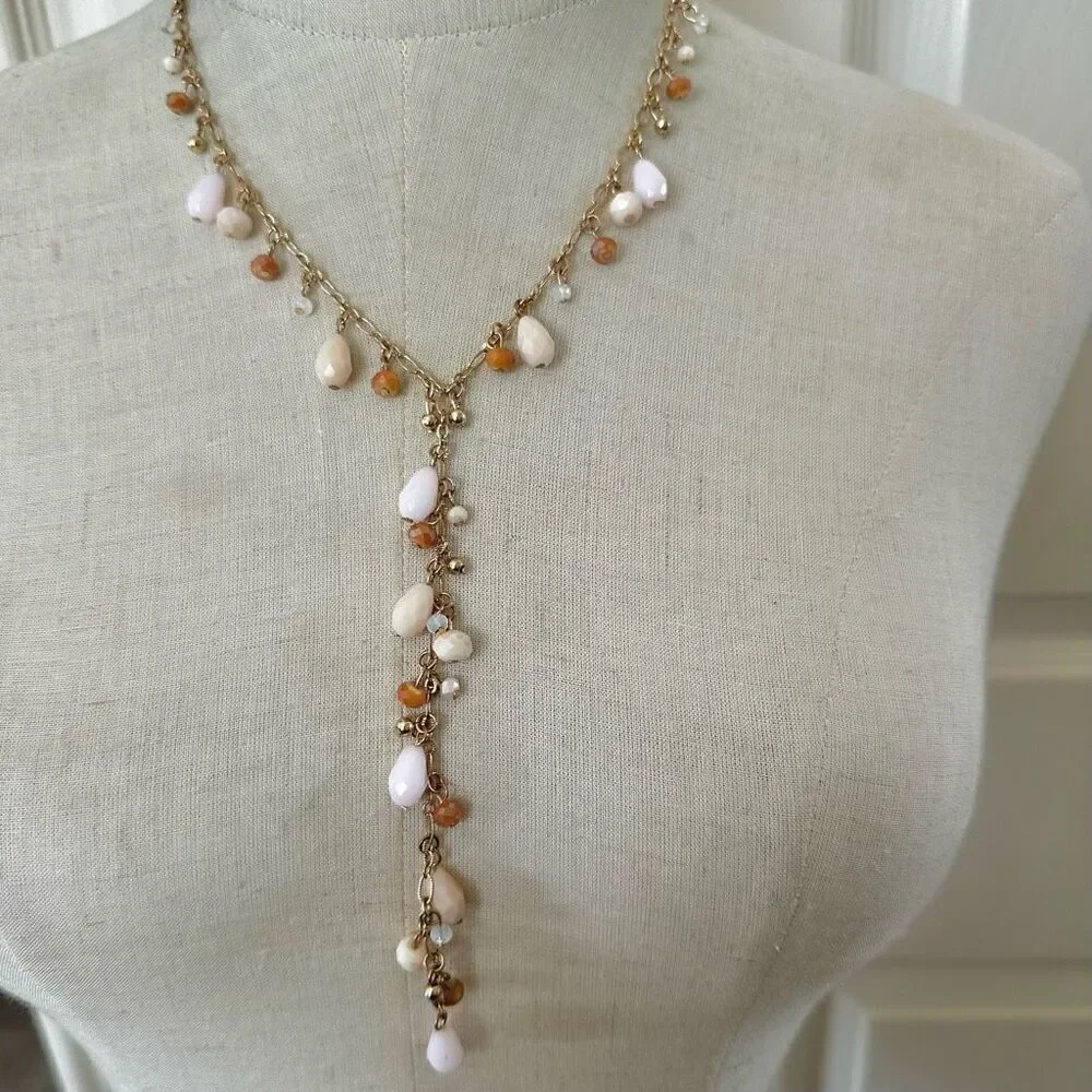 AA  gold tone long beaded Y necklace